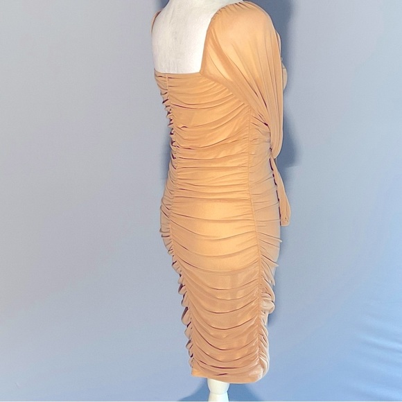 Fashion Sz Sm, Sheer Mesh, Nude, Ruched Long Sleeve Dress, Deep Square Neckline - Picture 12 of 16